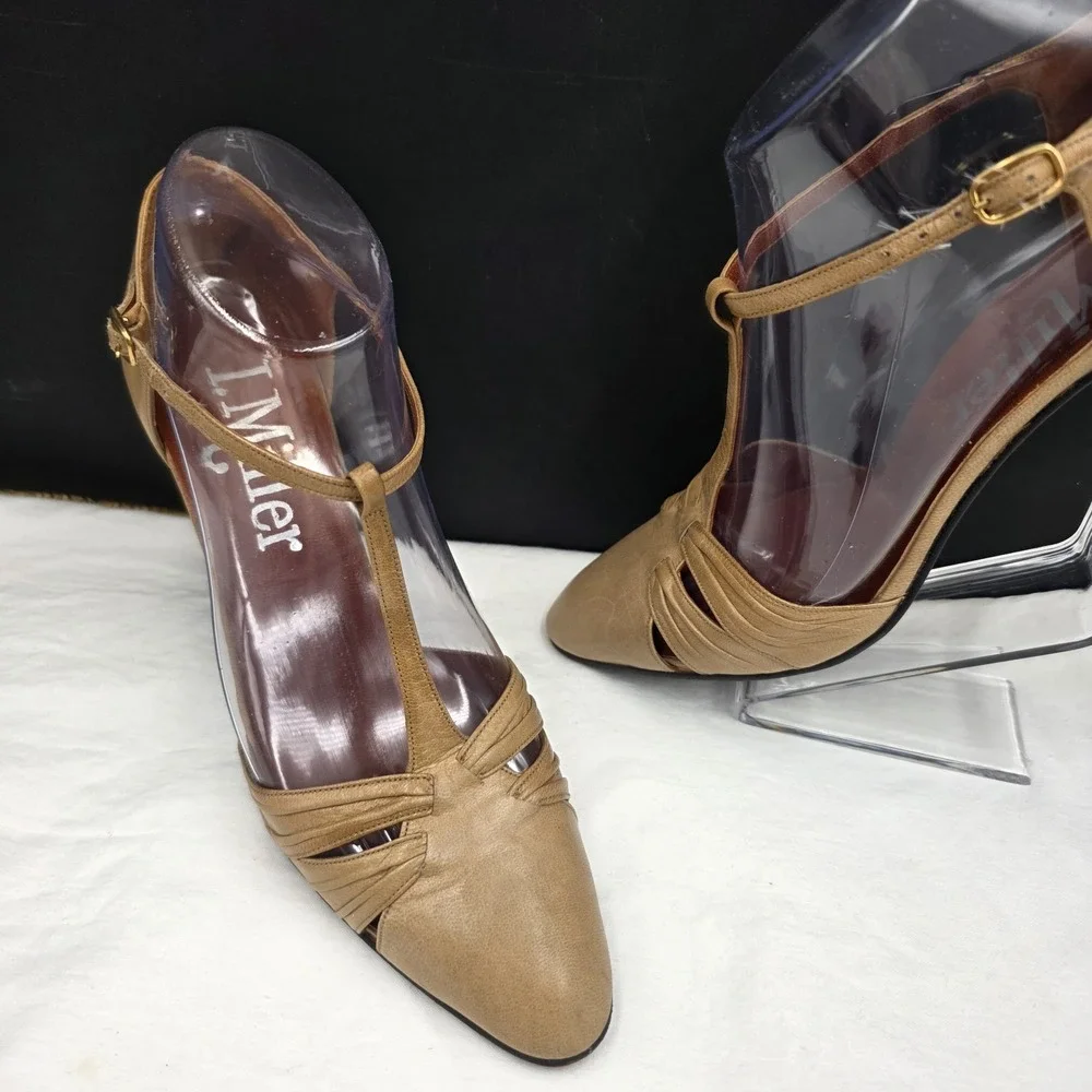 VTG I Miller Taupe‎ Leather T-Strap Heels Size 8 AA Narrow 3.5